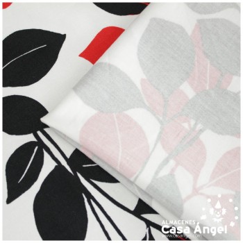 TELA ELÁSTICA BLANCA CON ESTAMPADO DE HOJAS ROJAS Y NEGRAS 150cm