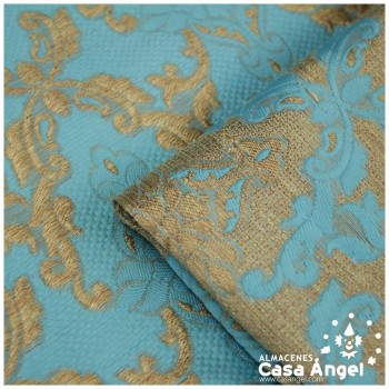 TEJIDO JACQUARD TURQUESA BROCADO CON HILOS DORADOS SERIE KASTILA 135cm