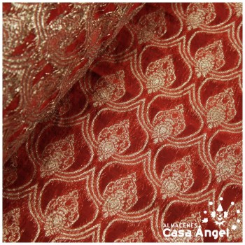 GASA JACQUARD ROJO CORAL Y ORO SERIE MAHAL 135cm