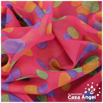 GASA ESTAMPADA LUNARES MULTICOLOR FONDO FUCSIA 150cm