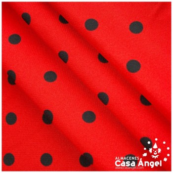 STRETCH ESTAMPADO SERIE FIESTA LUNARES NEGROS EN FONDO ROJO 150cm