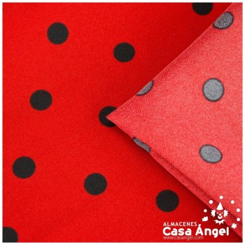 STRETCH ESTAMPADO SERIE FIESTA LUNARES NEGROS EN FONDO ROJO 150cm